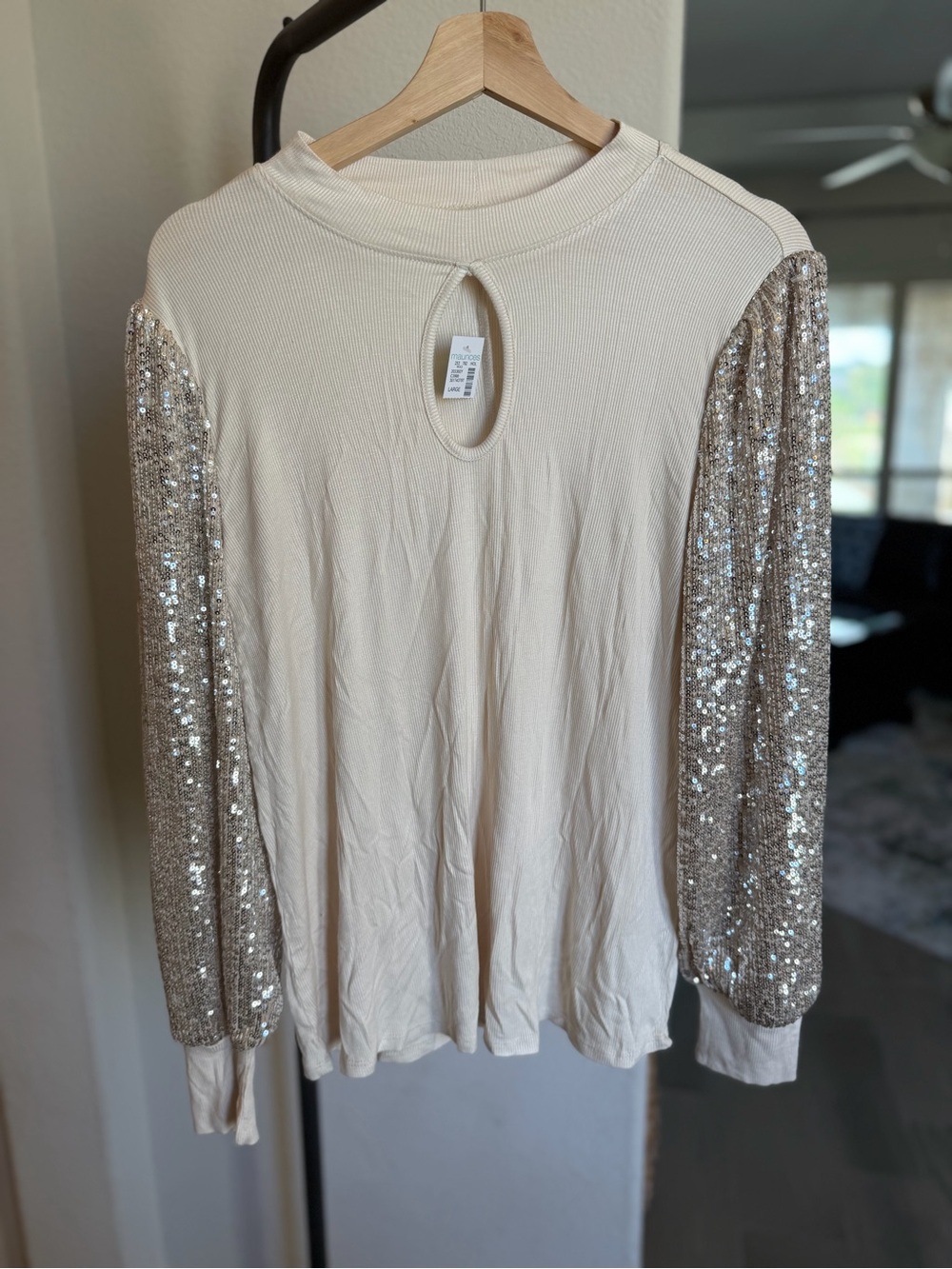 Maurices Cream Long Sleeve Top with Sequin Sleeves L
